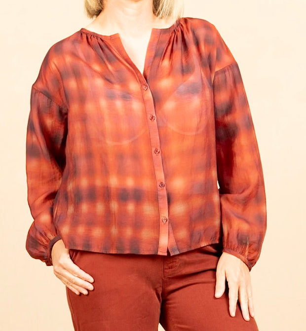 Shirred Neck Blouse Blurred Plaid Print