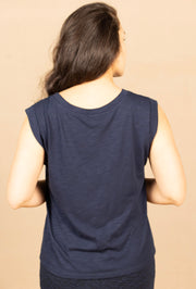 Sleeveless Woven To Knit Top Dark Navy