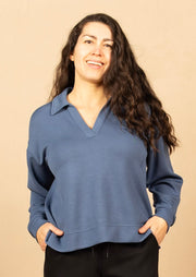 V-Neck Popover W/Collar Prussian Blue