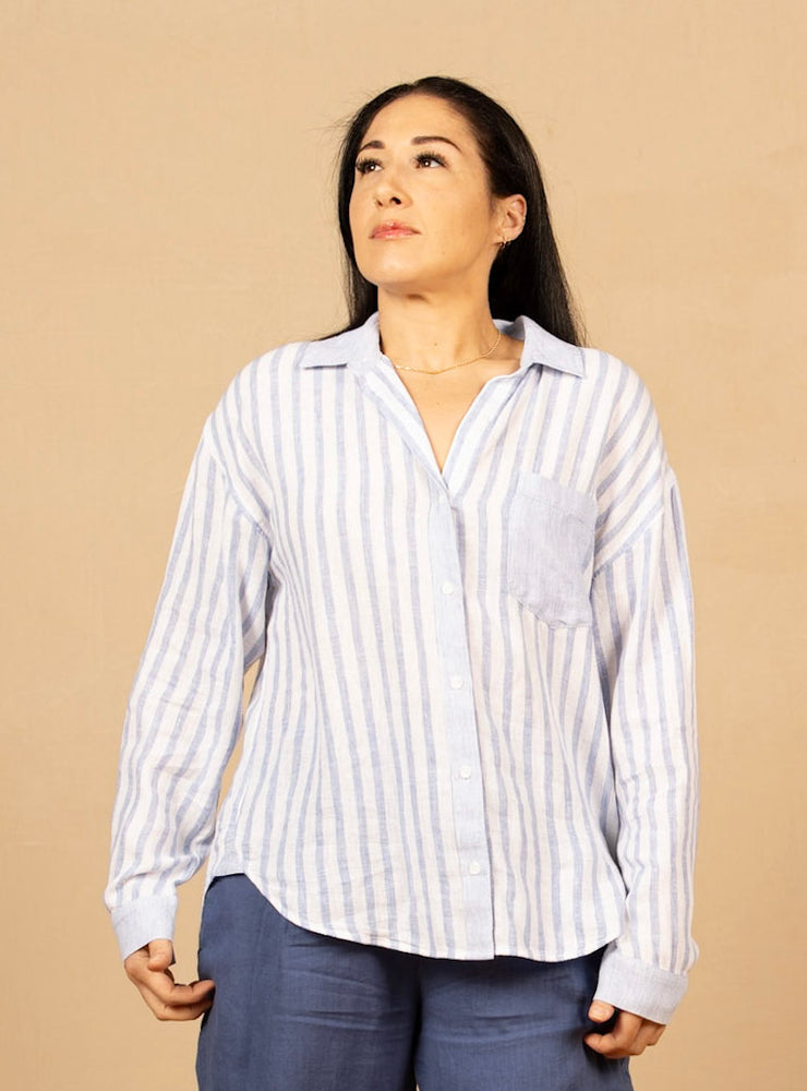 Contrast Pocket Boyfriend Shirt Blue Sky Stripe