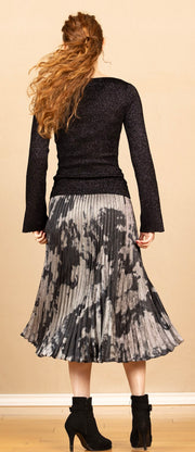 Hand Pleated Midi Skirt Silver Dye Print