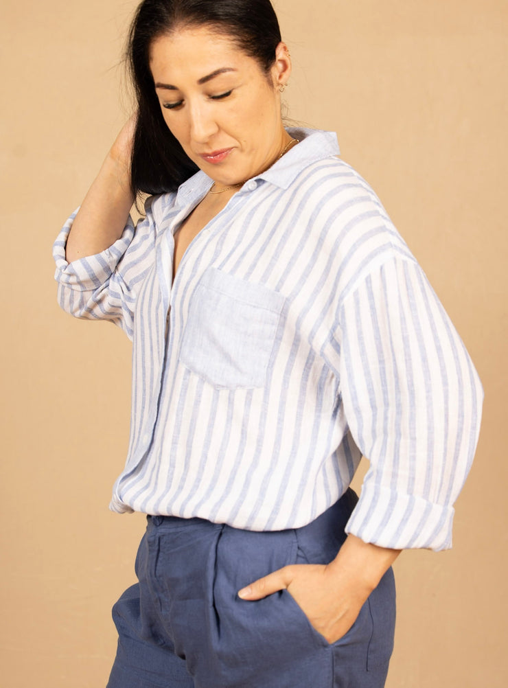 Contrast Pocket Boyfriend Shirt Blue Sky Stripe