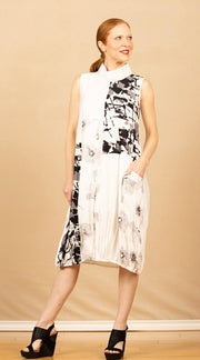 Crushed Printed Mix Media Dress White