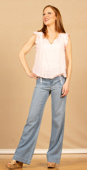 Ruffle Sleeve Tie Neck Top Pastel Pink
