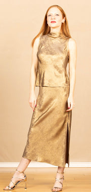 Side Slit Bias Maxi Skirt Gold Metallic