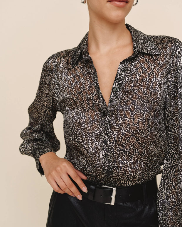 Bishop Sleeve Button Up Silver Leopard