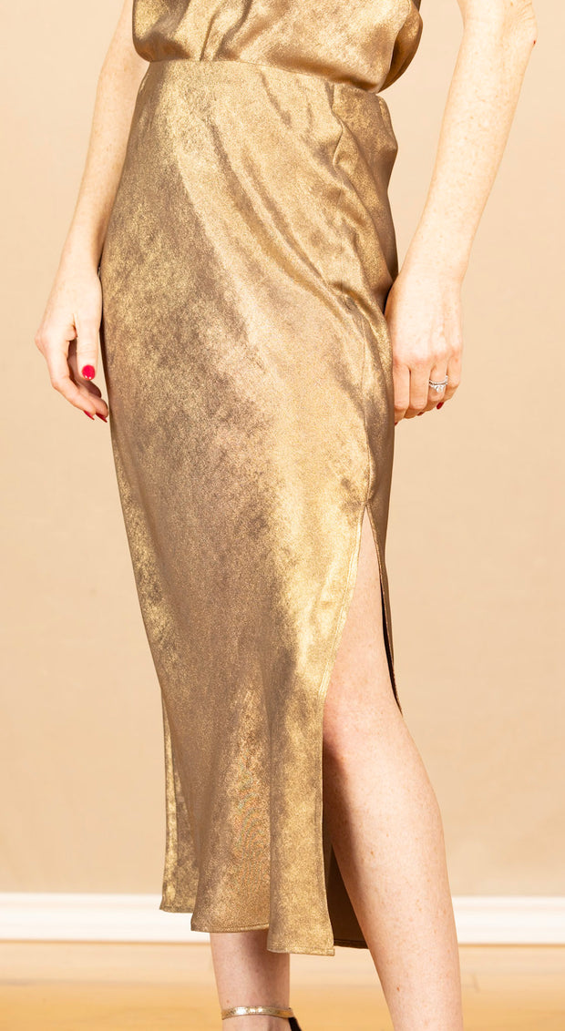 Side Slit Bias Maxi Skirt Gold Metallic