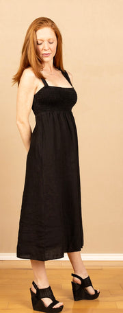 Smocked Bodice Midi Dress Black
