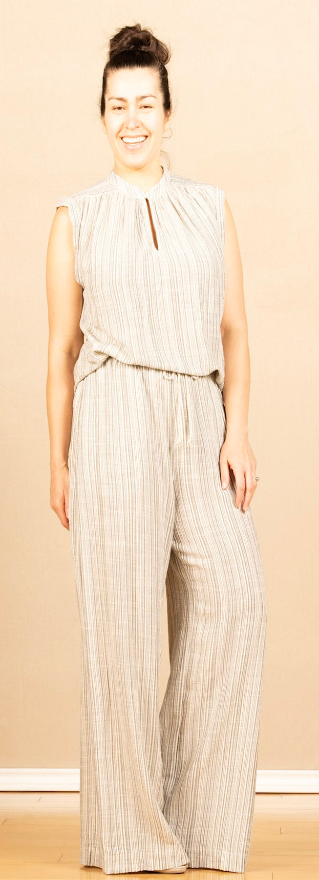 Drawcord Wide Leg Pant Eze Slub Stripe