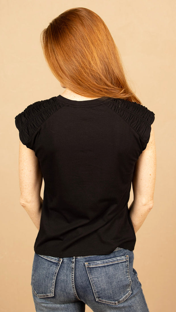 Smocked Shoulder Tee Black