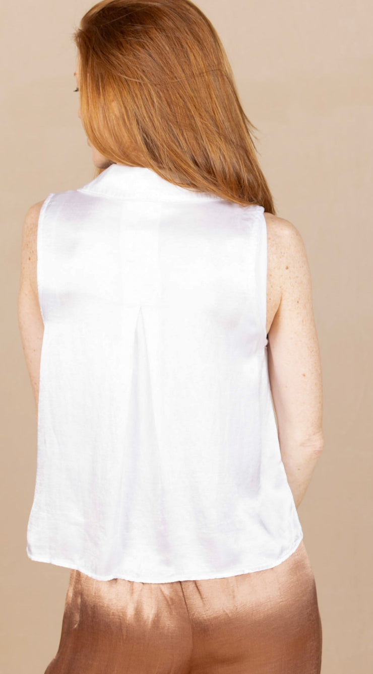 Sleeveless Notch Collar Button Down White