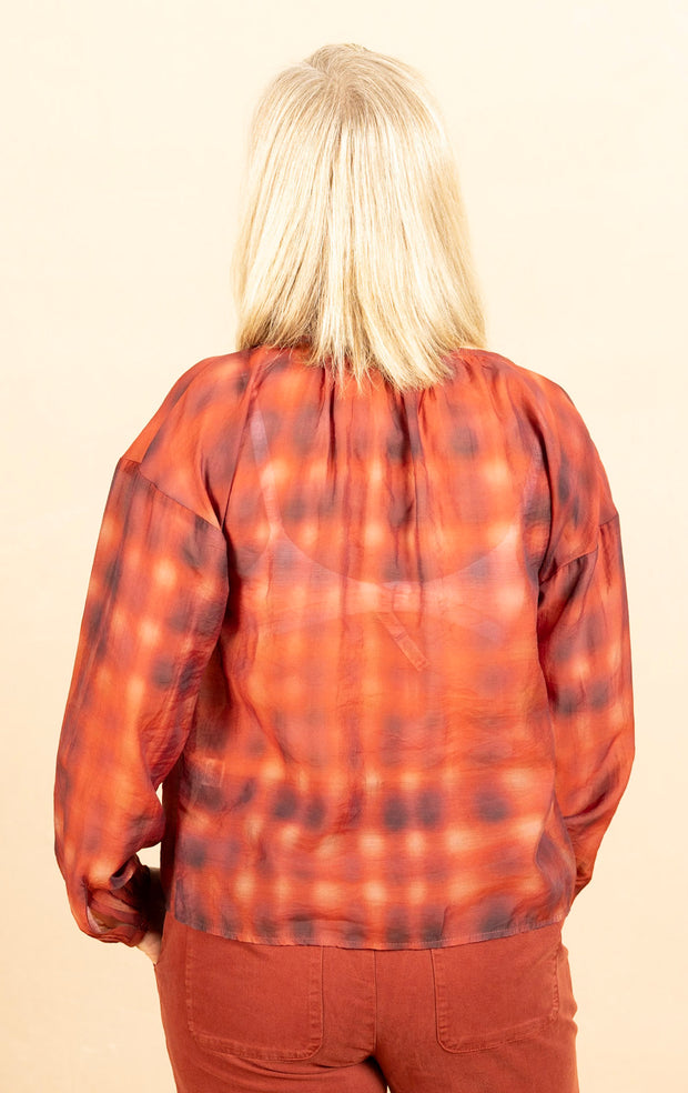 Shirred Neck Blouse Blurred Plaid Print