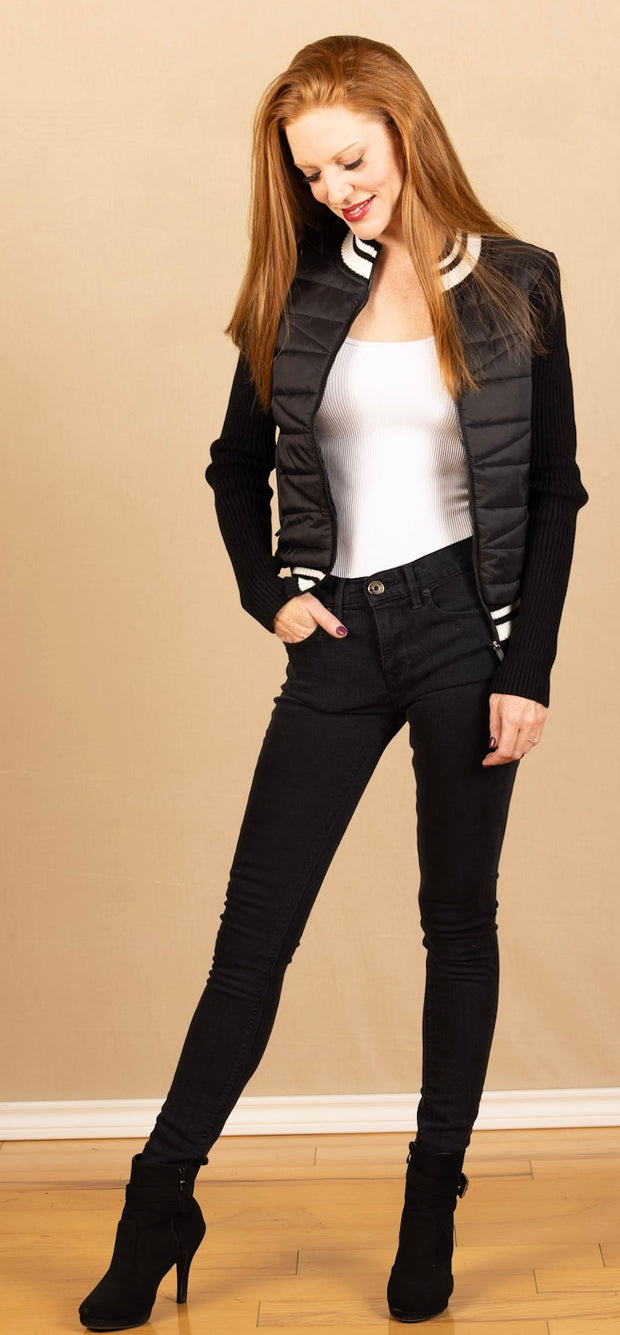 Quilted Front Zip Sweater Black