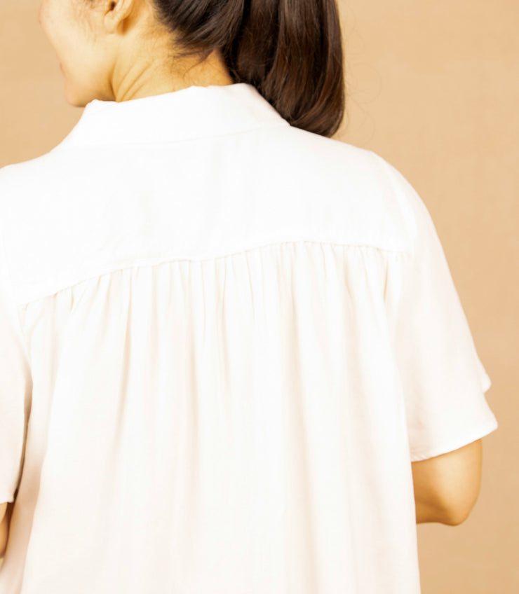 1/2 Sleeve Button Front Shirred Woven Blouse White