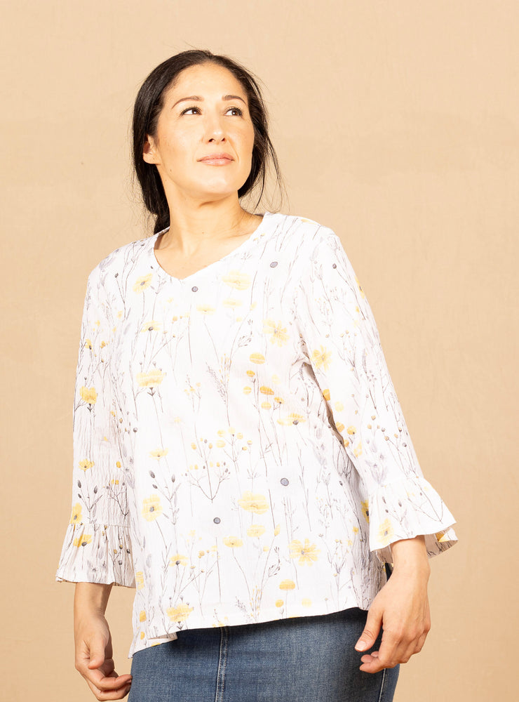 Ruffle Sleeve Cotton V Neck Floral