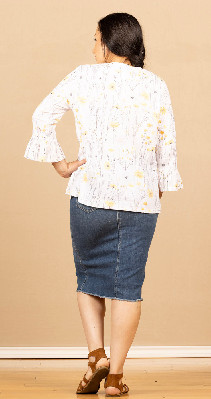 Ruffle Sleeve Cotton V Neck Floral