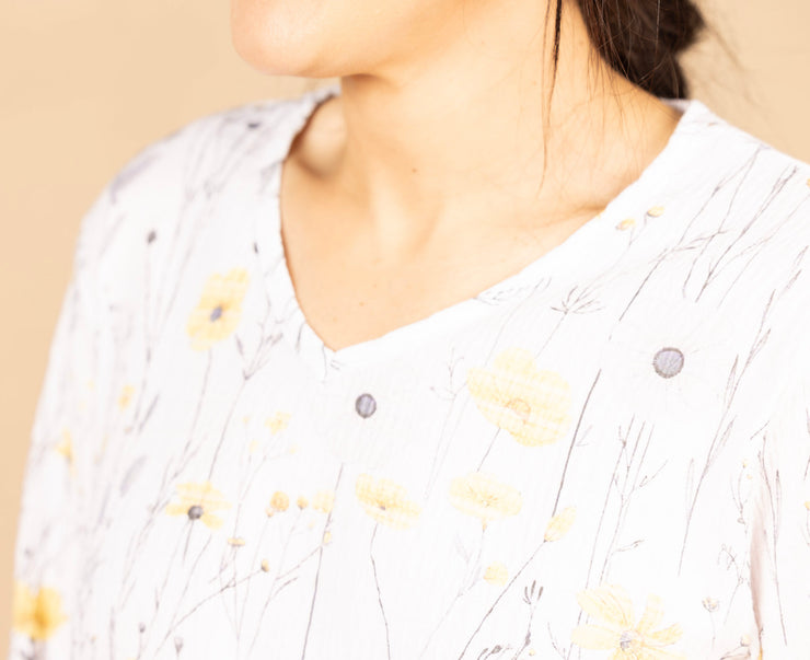 Ruffle Sleeve Cotton V Neck Floral
