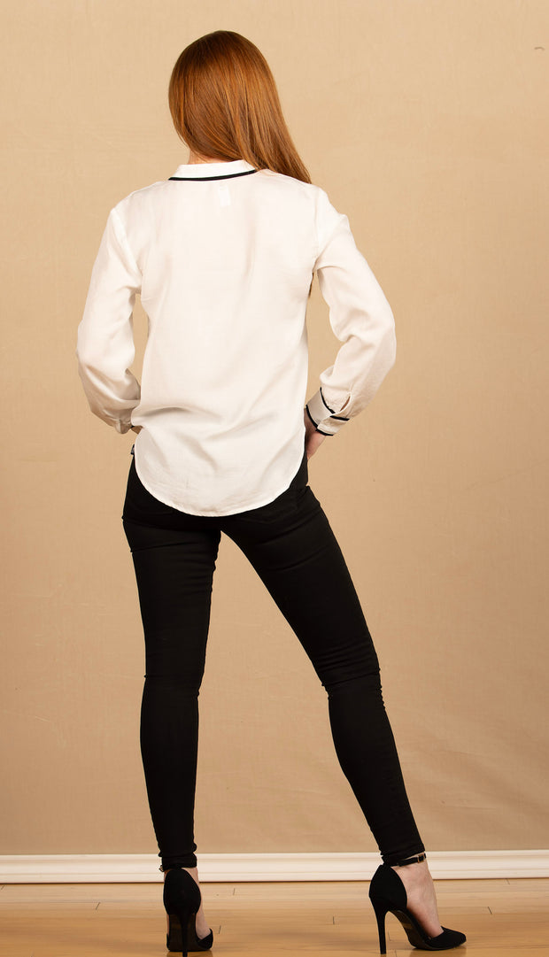 Contrast Trim Long Sleeve Pullover Off White