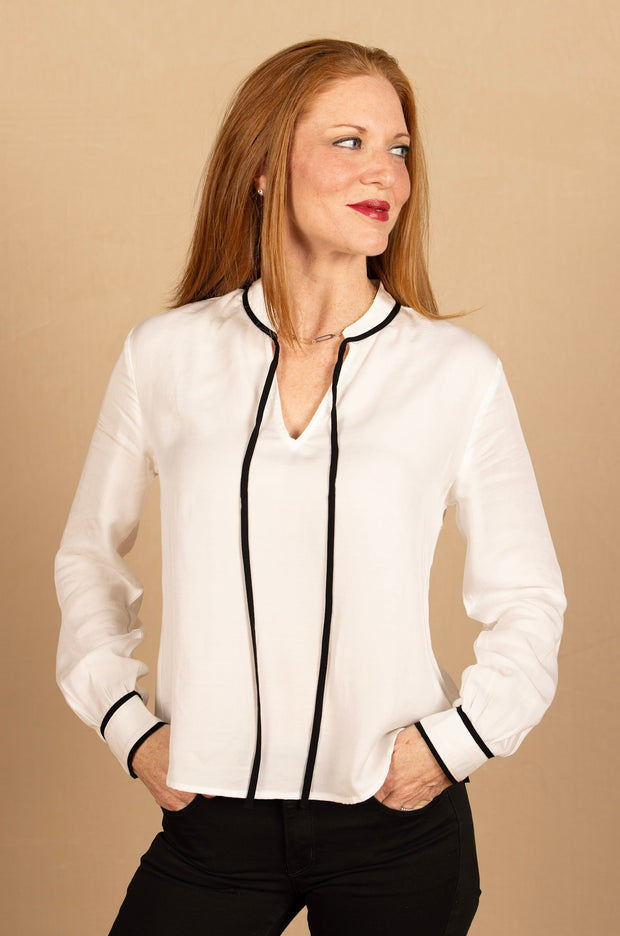 Contrast Trim Long Sleeve Pullover Off White