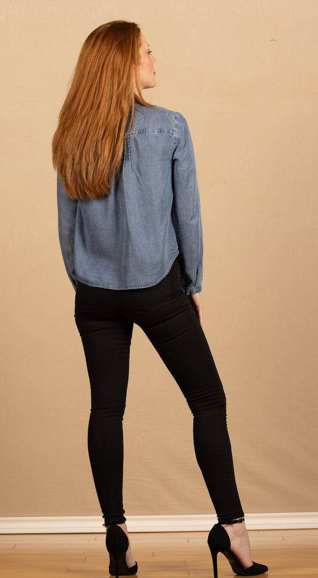 Long Sleeve Pintuck Pullover Skyline Spray Wash