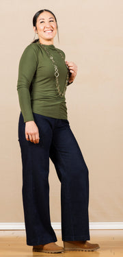 Long Sleeve Mock Neck Knit Top W/Shirring Forest Shade