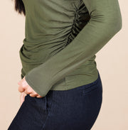 Long Sleeve Mock Neck Knit Top W/Shirring Forest Shade