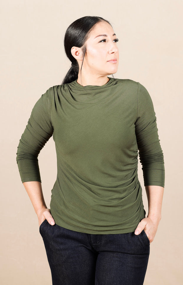 Long Sleeve Mock Neck Knit Top W/Shirring Forest Shade