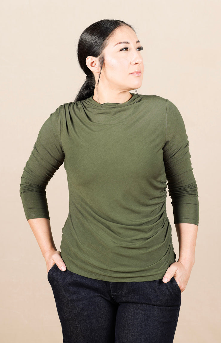 Long Sleeve Mock Neck Knit Top W/Shirring Forest Shade