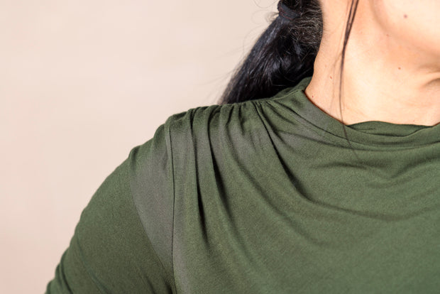 Long Sleeve Mock Neck Knit Top W/Shirring Forest Shade