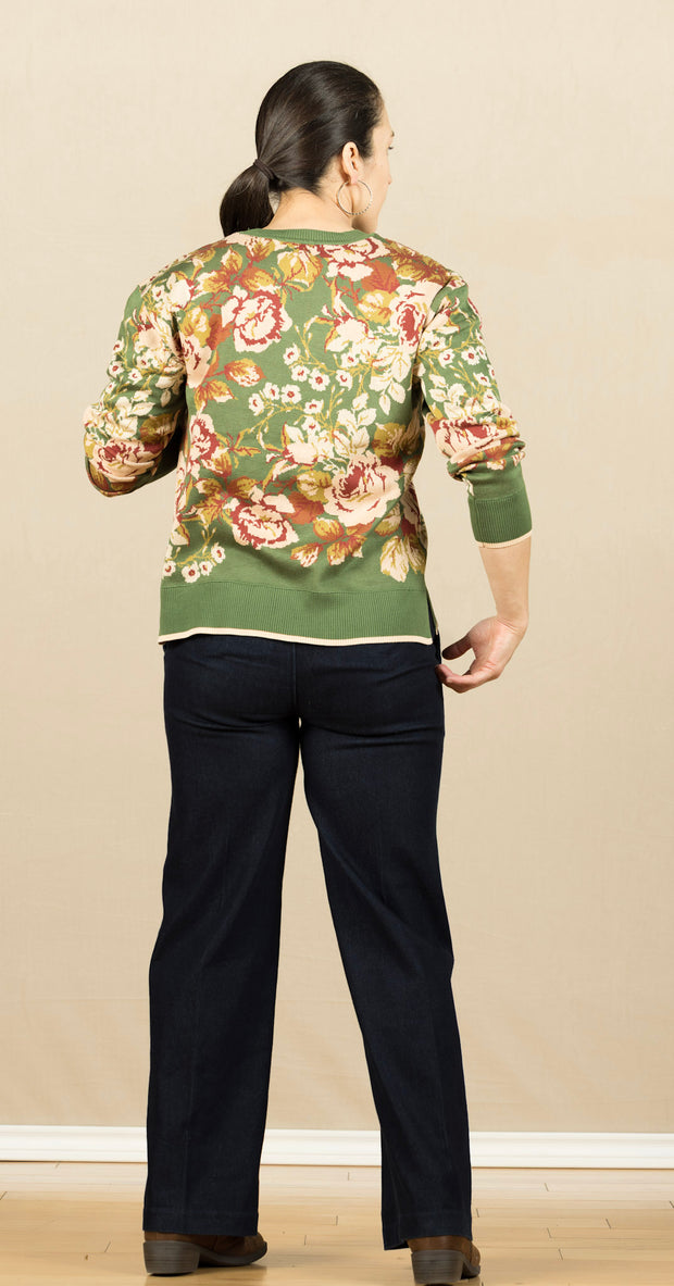 Long Sleeve Crew Neck Sweater Green Multi Floral