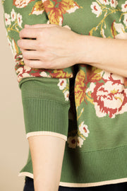 Long Sleeve Crew Neck Sweater Green Multi Floral