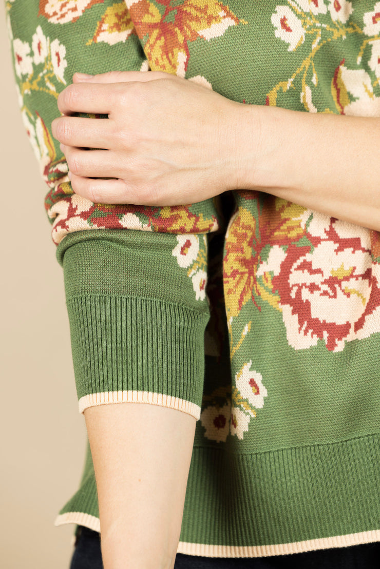 Long Sleeve Crew Neck Sweater Green Multi Floral