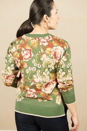 Long Sleeve Crew Neck Sweater Green Multi Floral