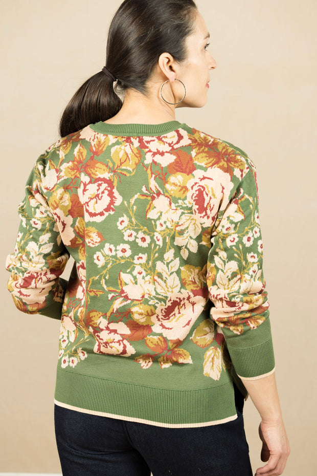 Long Sleeve Crew Neck Sweater Green Multi Floral