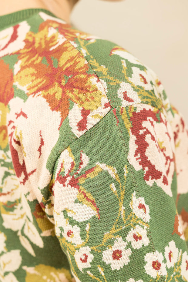 Long Sleeve Crew Neck Sweater Green Multi Floral