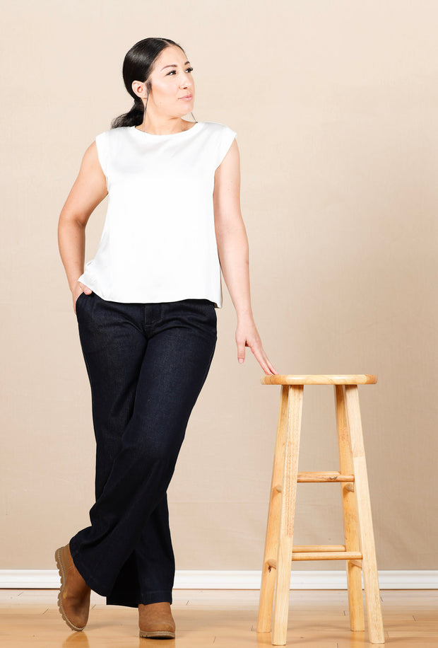 Sleeveless Woven to Knit Top Whipped Cream