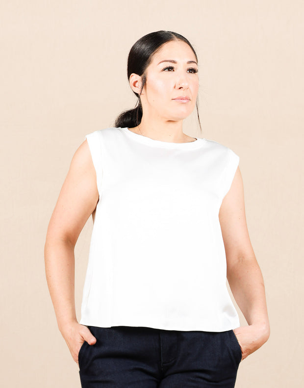 Sleeveless Woven to Knit Top Whipped Cream