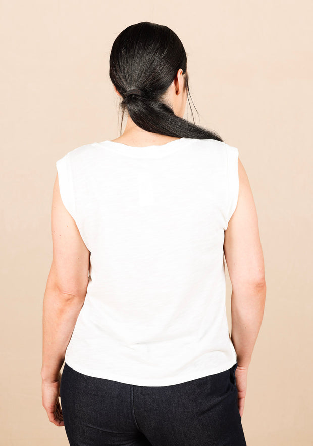 Sleeveless Woven to Knit Top Whipped Cream