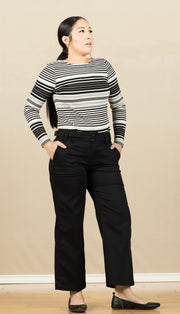 Long Sleeve Boat Neck Knit Top Black/White Stripe