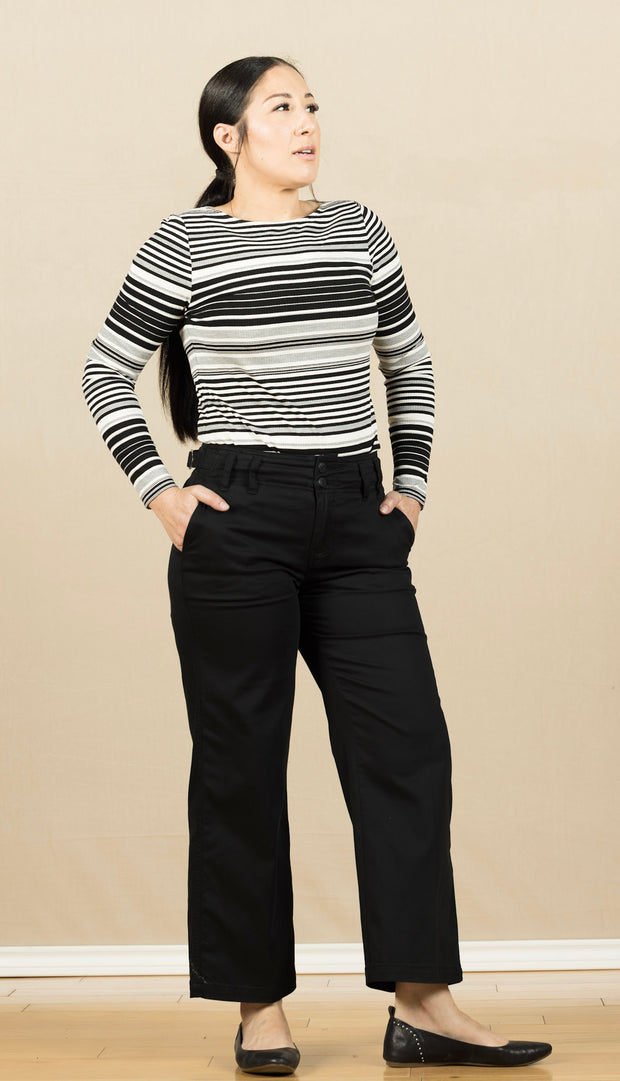 Long Sleeve Boat Neck Knit Top Black/White Stripe