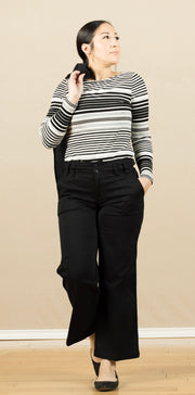 Long Sleeve Boat Neck Knit Top Black/White Stripe