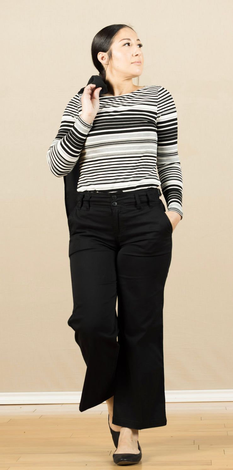 Long Sleeve Boat Neck Knit Top Black/White Stripe
