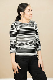 Long Sleeve Boat Neck Knit Top Black/White Stripe