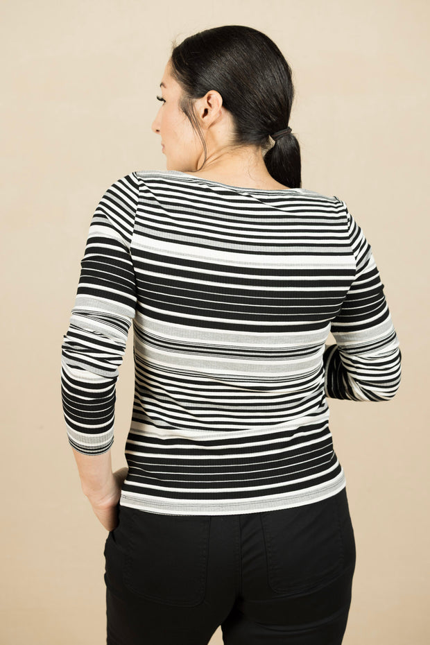 Long Sleeve Boat Neck Knit Top Black/White Stripe