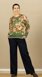 Long Sleeve Crew Neck Sweater Green Multi Floral
