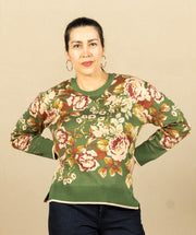 Long Sleeve Crew Neck Sweater Green Multi Floral