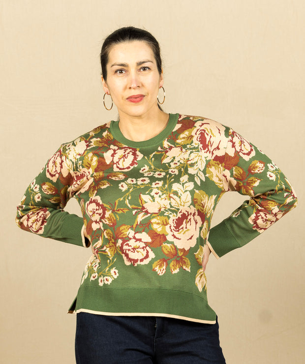 Long Sleeve Crew Neck Sweater Green Multi Floral
