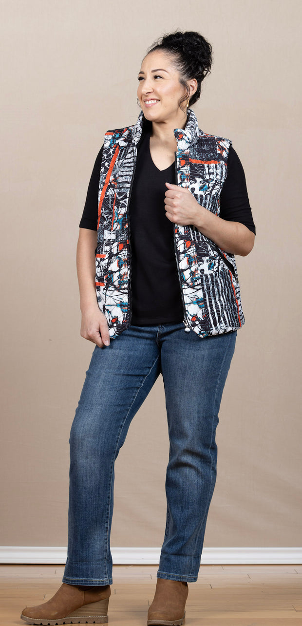 Printed Double Zip Puffer Vest Red
