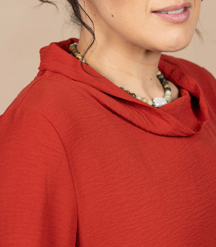 Airflow Solid Mock Neck Ruched Side Detail Top Rust