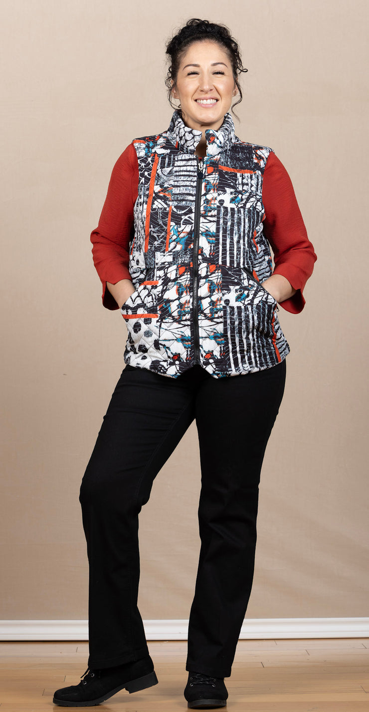 Printed Double Zip Puffer Vest Red